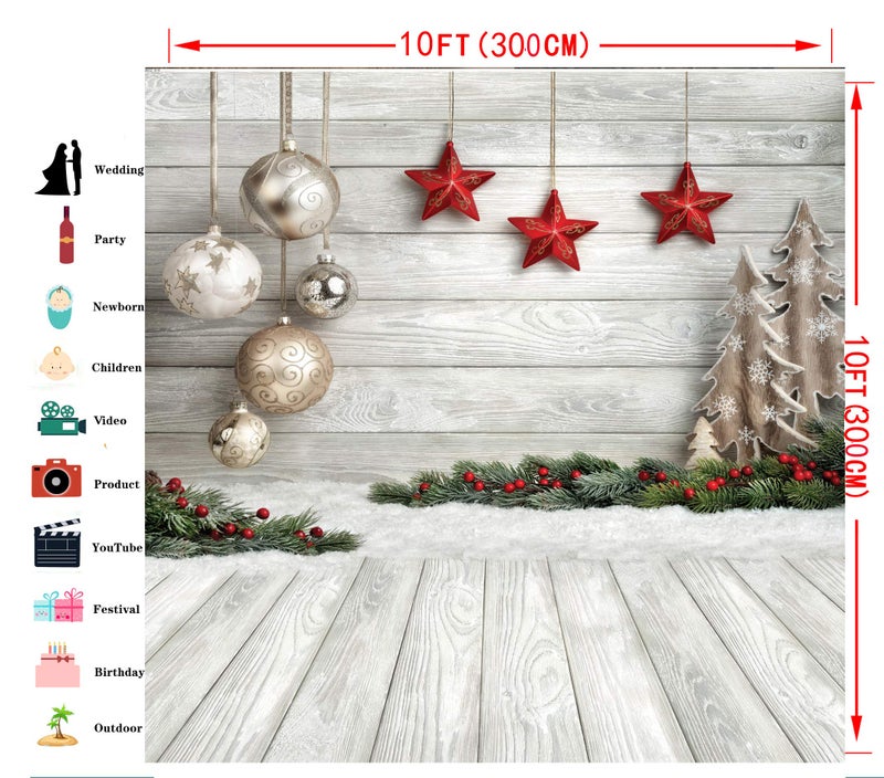 Dudaacvt 10x10ft Christmas Backdrop with Xmas Tree, Balls, White Wood Floor for Photography - Image 3